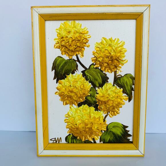 Vintage SAM Yellow Chrysanthemum Floral Impasto Oil Impressionist Painting